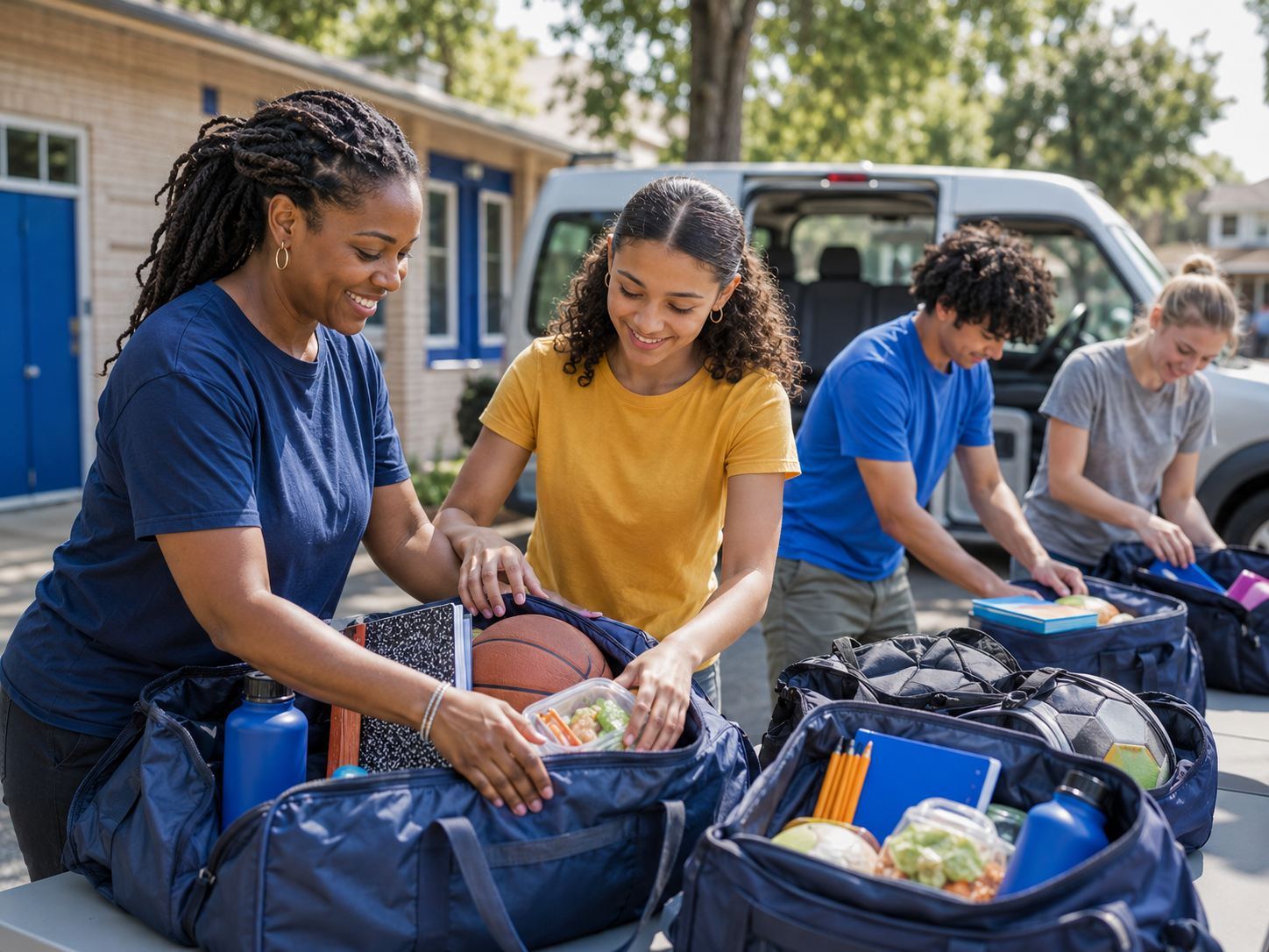 Staff packing duffel bags with school supplies, meals and sports gear